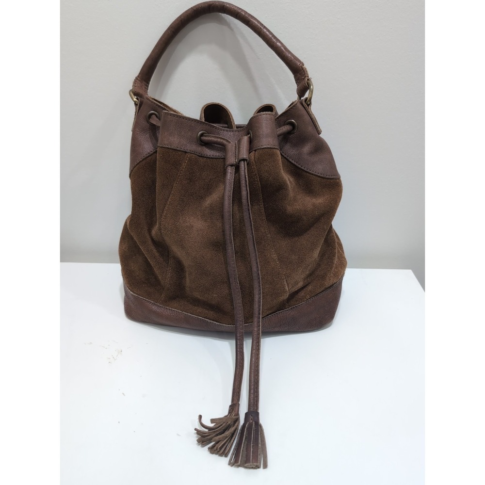 Anabaglish Rowan Brown Suede /Leather Bucket Bag Drawstring Tassel Detail